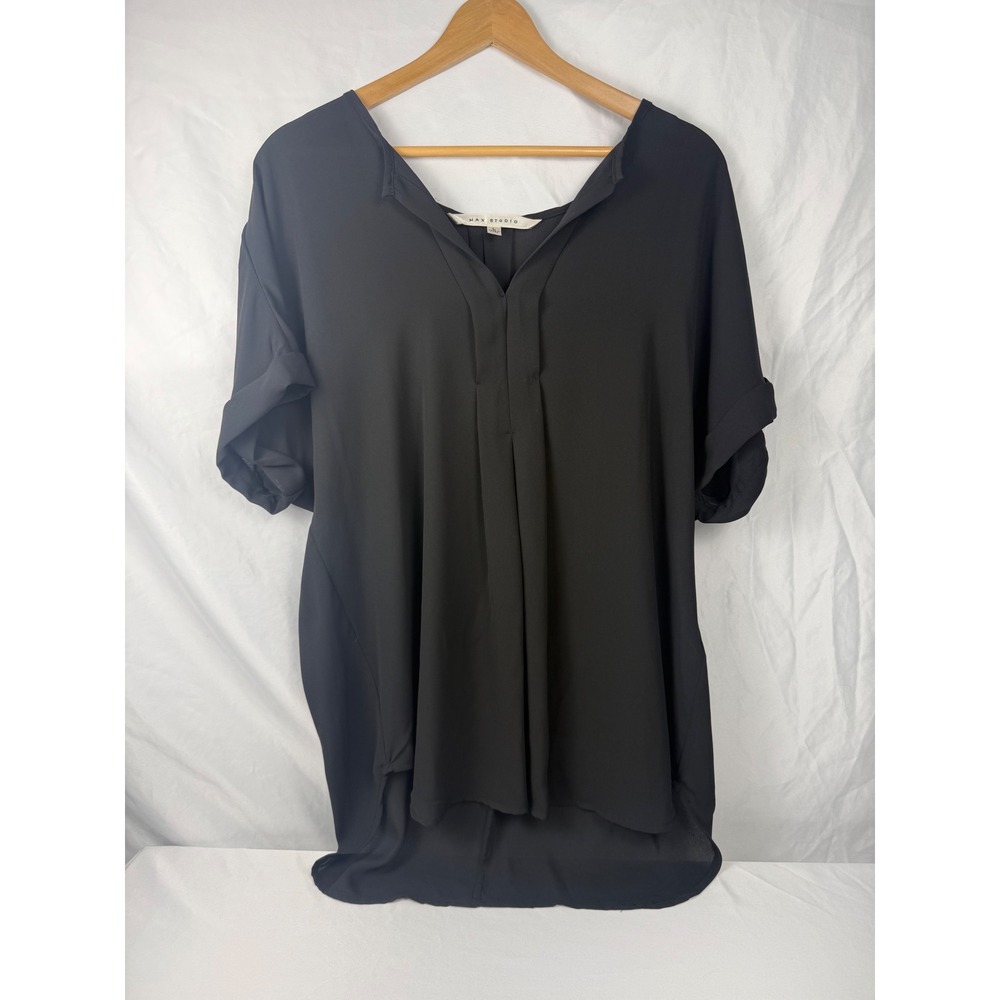 Max Studio L Black High Low Roll‎ Tab Blouse Tunic Top
